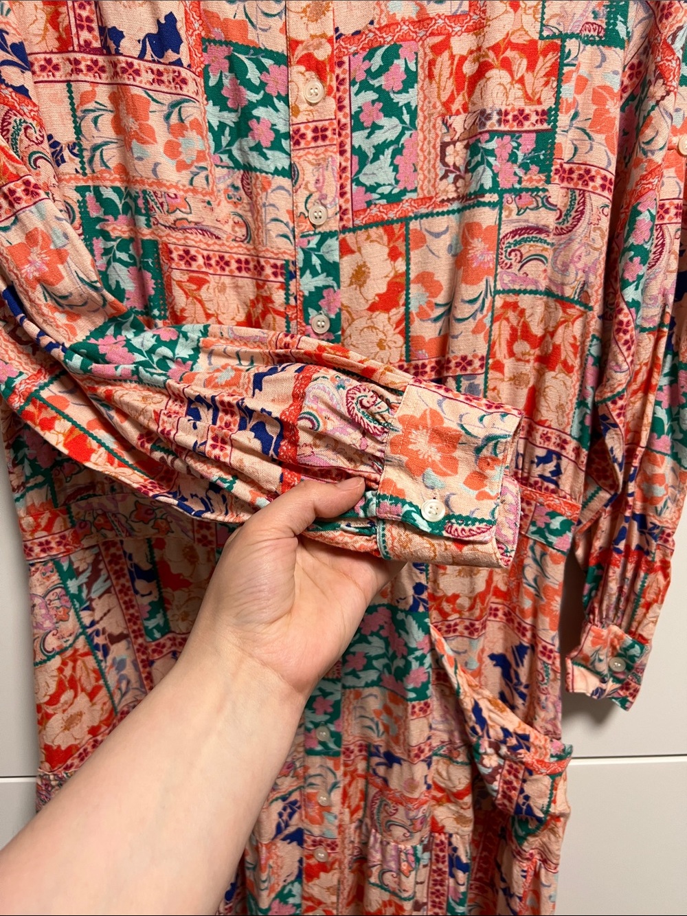 VENUS Linen Pink Patchwork Print Long-Sleeve Maxi Shirt Dress - Picture 11 of 17